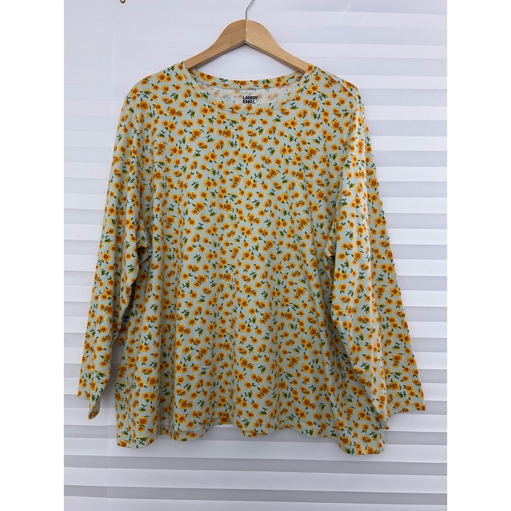 Lands End Womens 3X 24W-26W Sunflower Print Cotton Long Sleeve Tee Blue Yellow